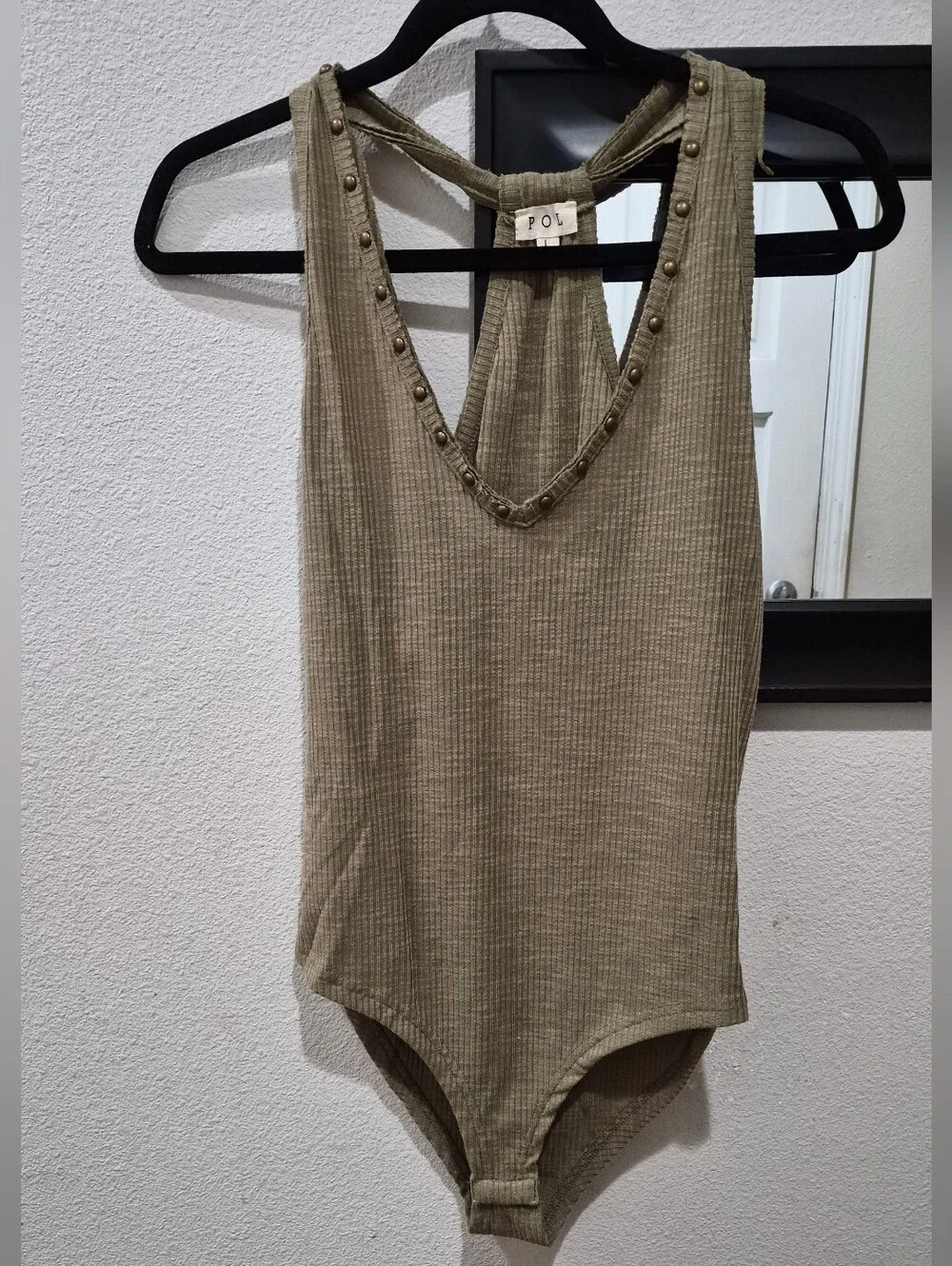 POL Studded Ribbed Racerback Bodysuit – Olive Green – Size Large